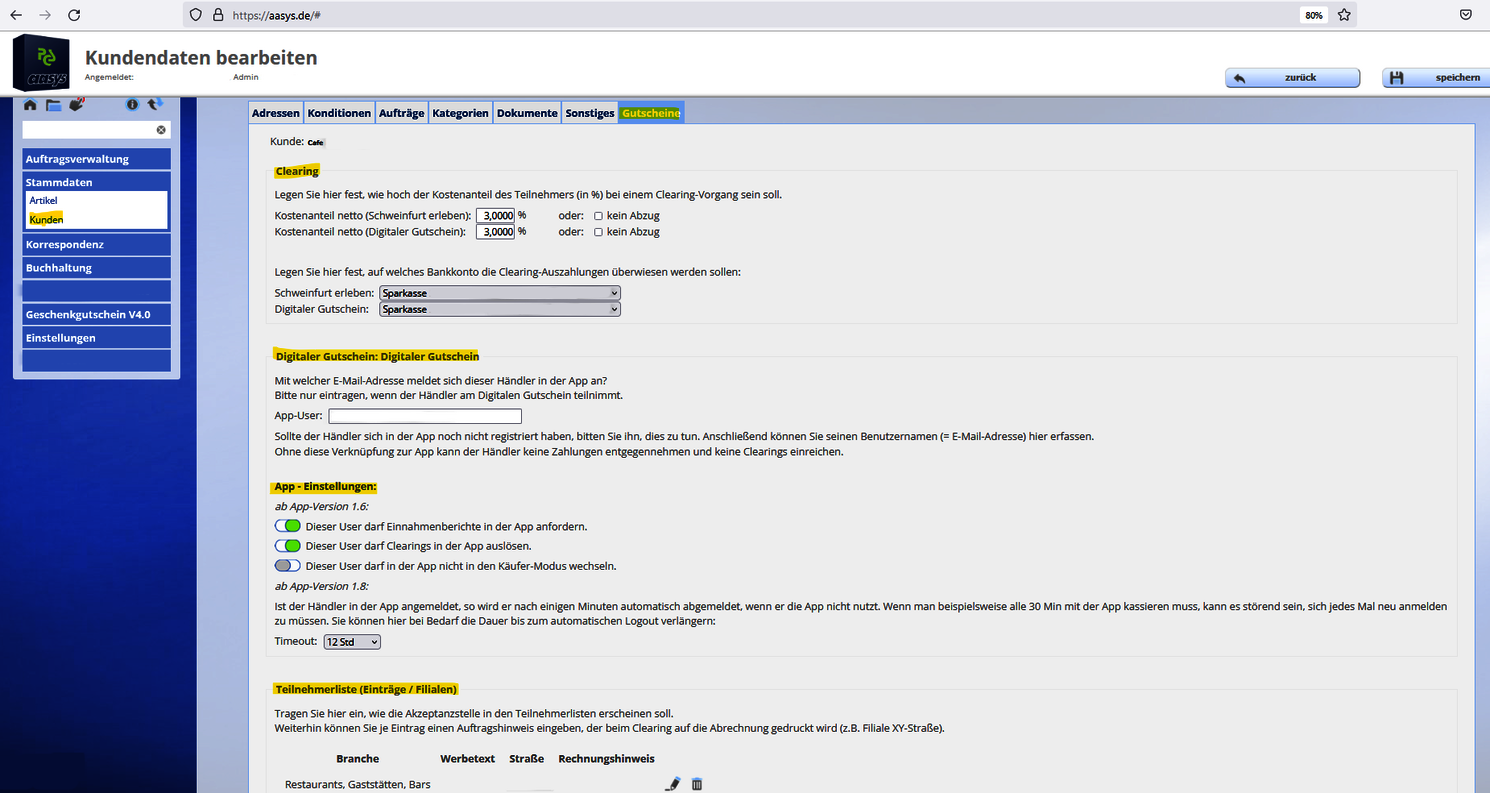 Kundenstamm, Register Gutschein - Einstellungen zur App
