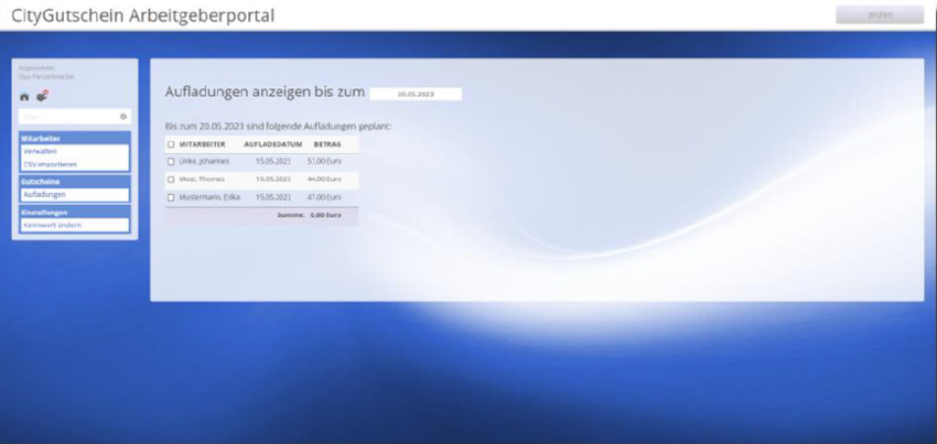 Arbeitgeberportal / Aufladungen ausführen oder fällige Aufladungen