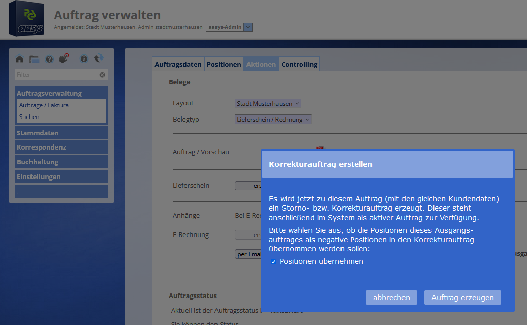 Korrekturauftrag erstellen (Rechnung stornieren)
