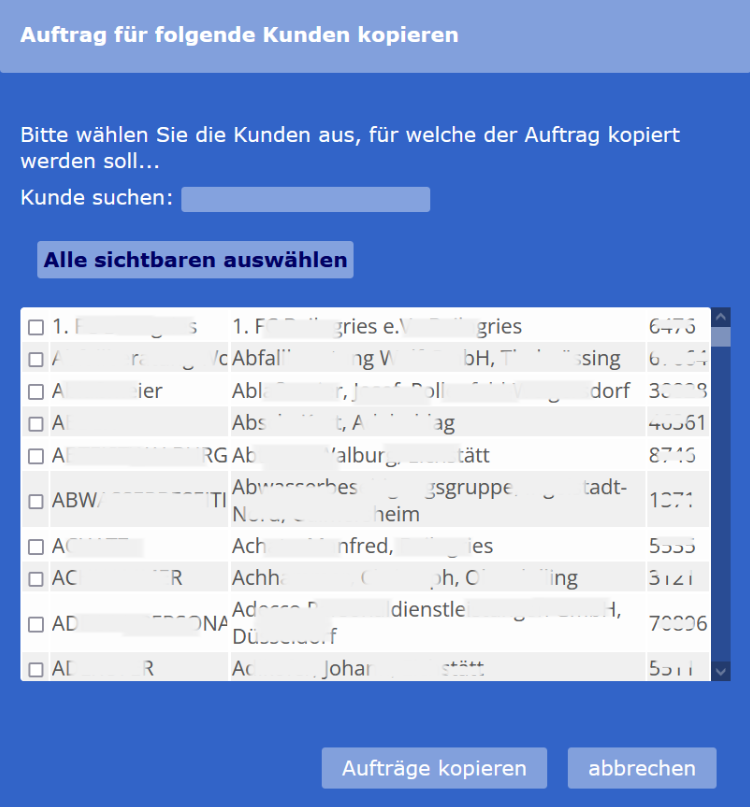 Dialogfenster mit Kunden für die eine Rechnung über den gleichen Sachverhalt erstellt werden soll.