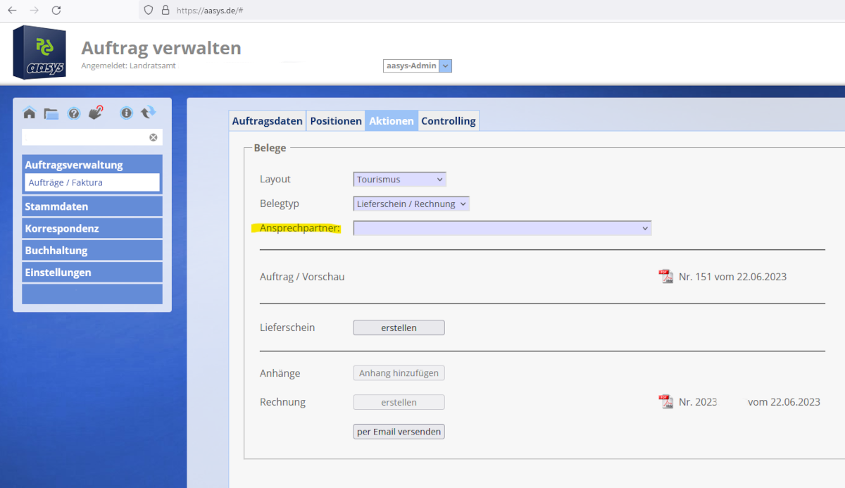 Anzeige persönliche Daten (z.B. Ansprechpartner, Email-Adresse, etc.)