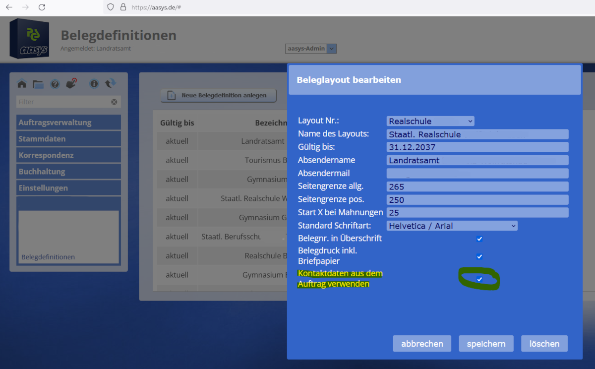 Beleginfos Kontaktdaten aus Auftrag verwenden