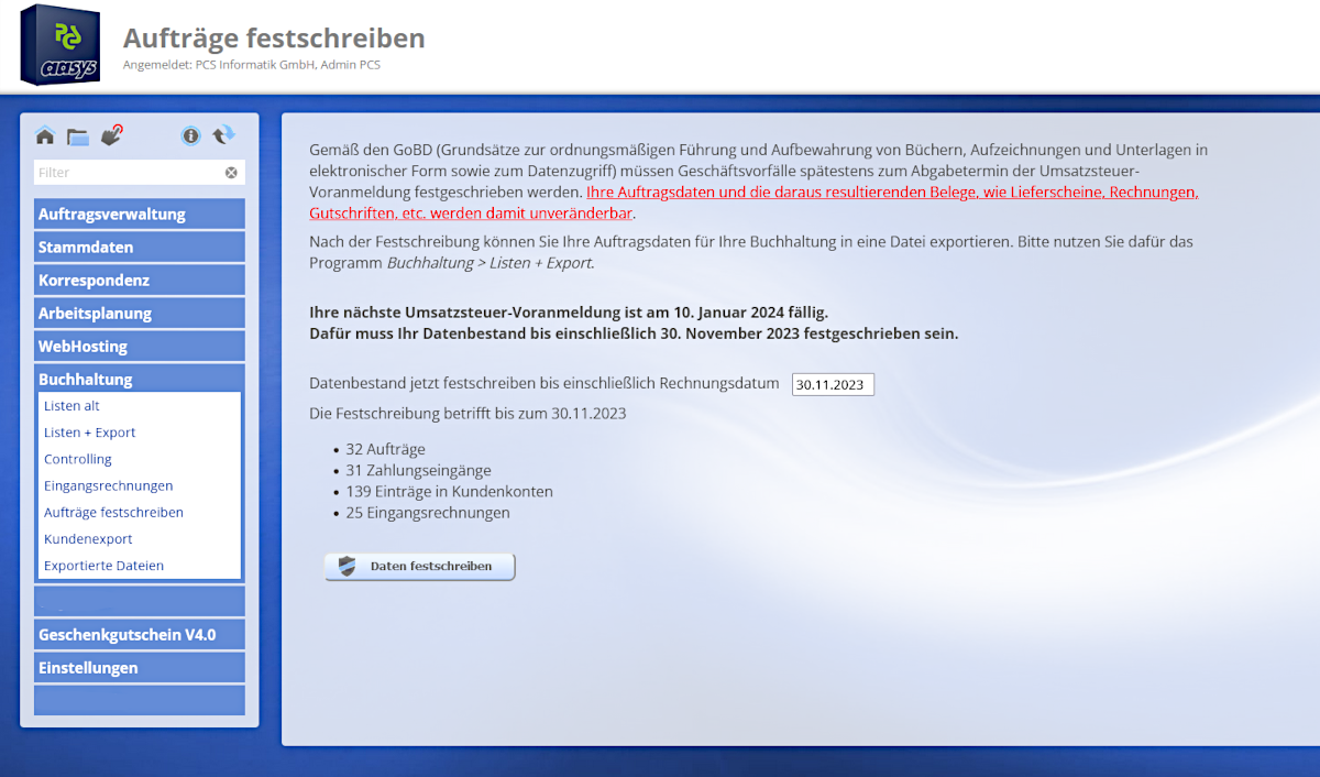 Buchhaltung / Aufträge festschreiben