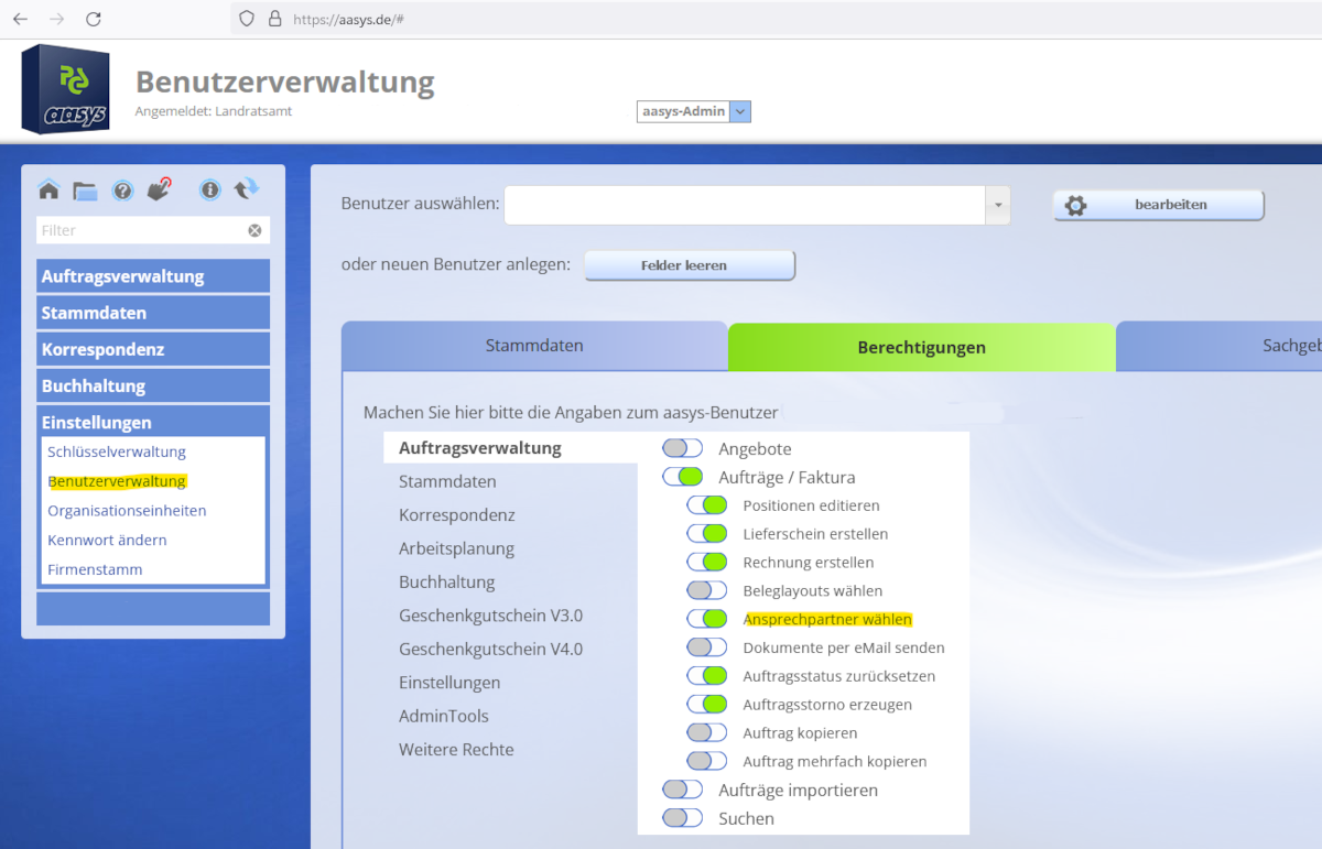 Benutzerverwaltung die Berechtigung "Ansprechpartner wählen"